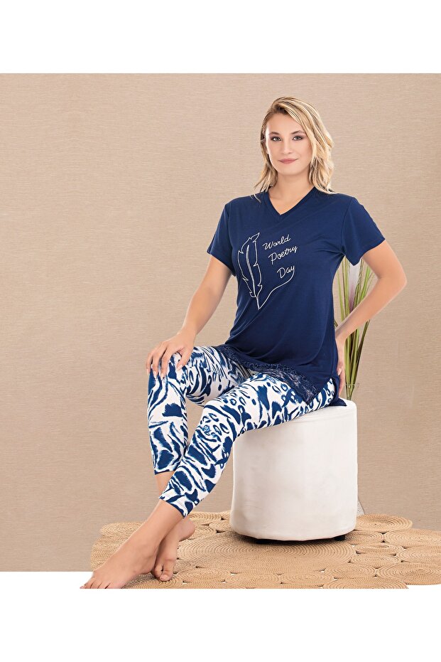 Women's Short Sleeve, V-Neck, Capri Leggings Pajama Set