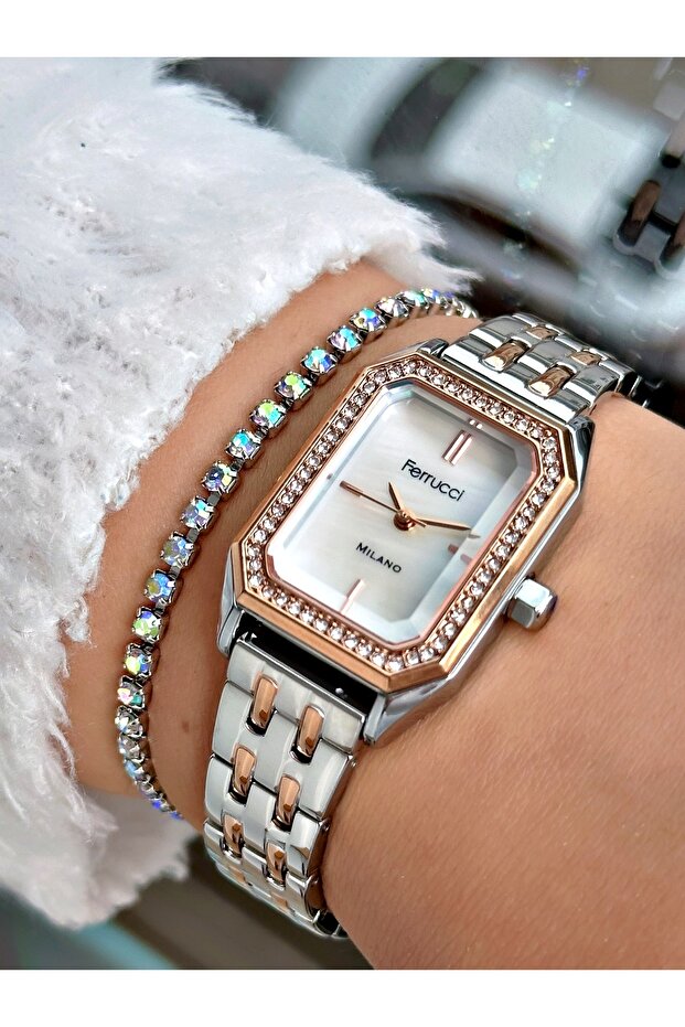 Ferrucci̇ Square Stone Rose Silver Metal Woman Wristwatch