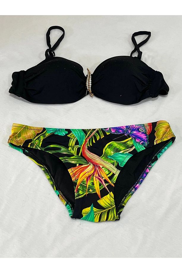 Kadın Siyah Taş İşlemeli Toka Aksesuarlı Astarlı Bikini Takım HZL25S-LC208 - 3