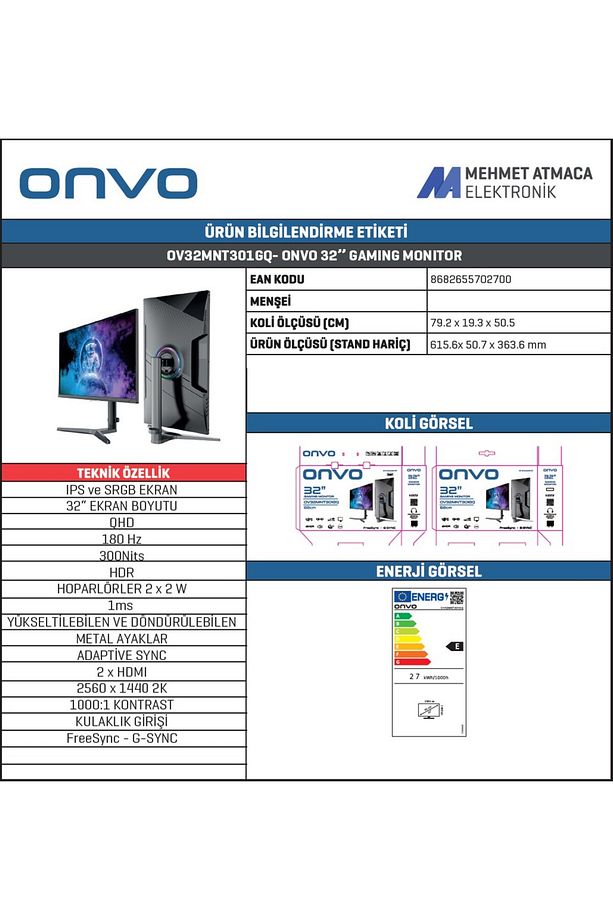 32 Inc Ov32Mnt301Gq 32 Fast İps 180 Hz 1Ms 2K Qhd Freesync - Multimedya G Sync Pivot Oyun Monit - 3