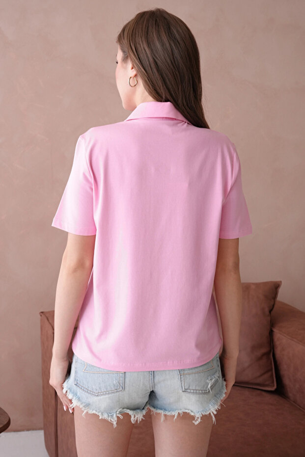 Polo Neck Short Sleeve Button Basic T-Shirt - 8