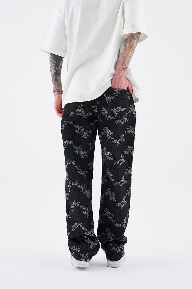 Erkek Flower Patterned Jean Siyah - 4