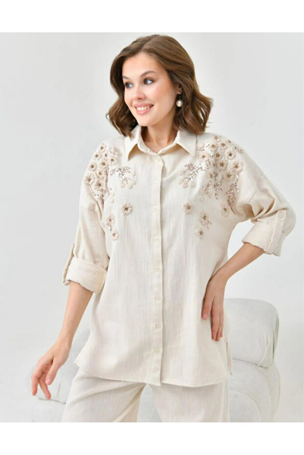 Women's Floral Patterned Embroidery Embroidered Stone Detailed Linen Oversize Shirt and Trousers