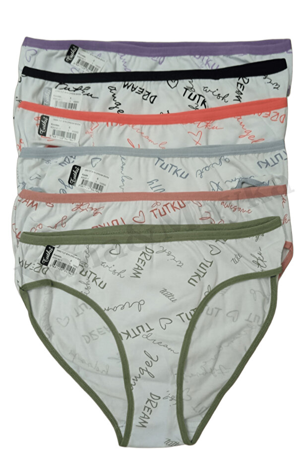 6 Pack Passion Dream Bikini Women's Slip Panties – Text Pattern, Colorful, Cotton, L-Xl