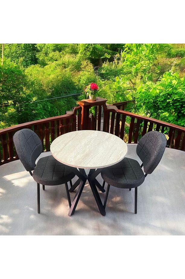 Bambeds Mobilya 70x70 Trevertan Yuvarlak Balkon Masa Ahtapot Ayak Armut Keten Sandalye 2 Adet - 4