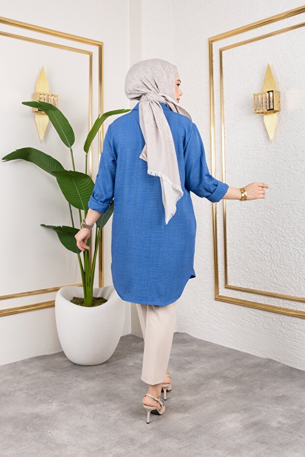 Λινό πουκάμισο Sofia Plus Size Μπλε - 5