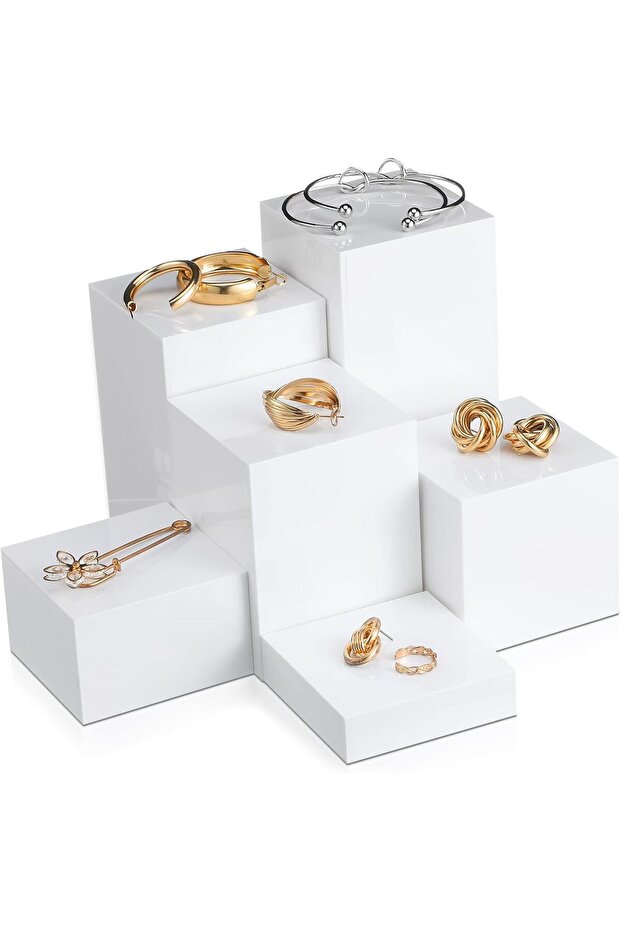6 Pcs White Acrylic Display Risers Cube Square Jewelry Nesting Risers with Hollow Bottoms