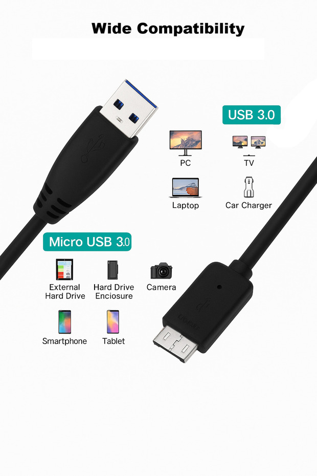 كابل USB 3.0 من Micro A إلى B لمحركات الأقراص الصلبة الخارجية Seagate وToshiba وSamsung باللون الأسود - 3