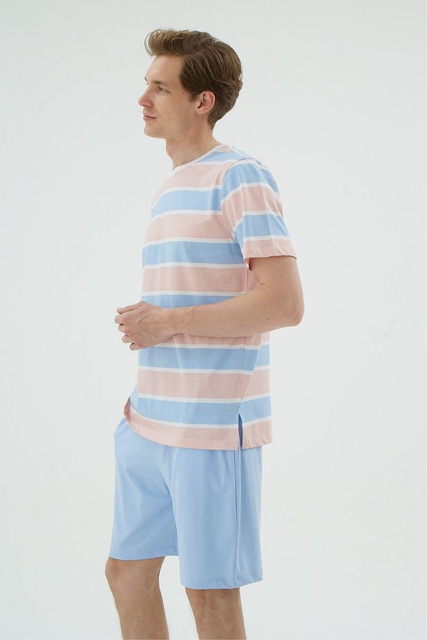 Açık Mavi Çizgili Bisiklet Yaka Erkek Şort Pijama Takımı - 3