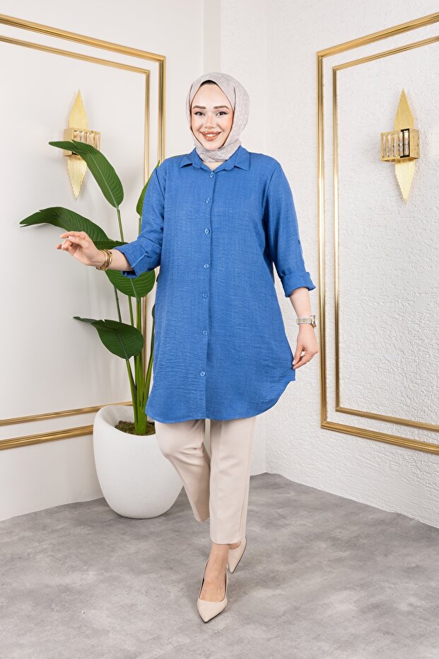 Λινό πουκάμισο Sofia Plus Size Μπλε - 3