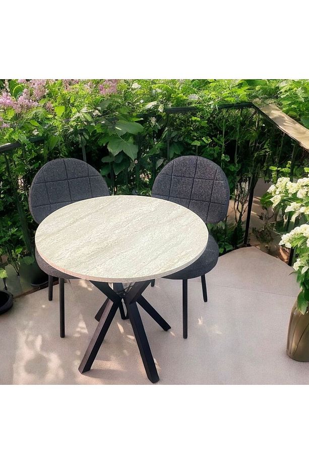 Bambeds Mobilya 70x70 Trevertan Yuvarlak Balkon Masa Ahtapot Ayak Armut Keten Sandalye 2 Adet - 5