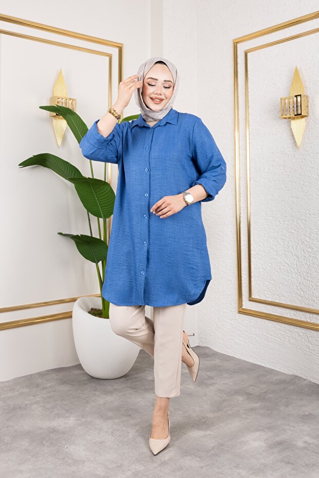 Λινό πουκάμισο Sofia Plus Size Μπλε - 4