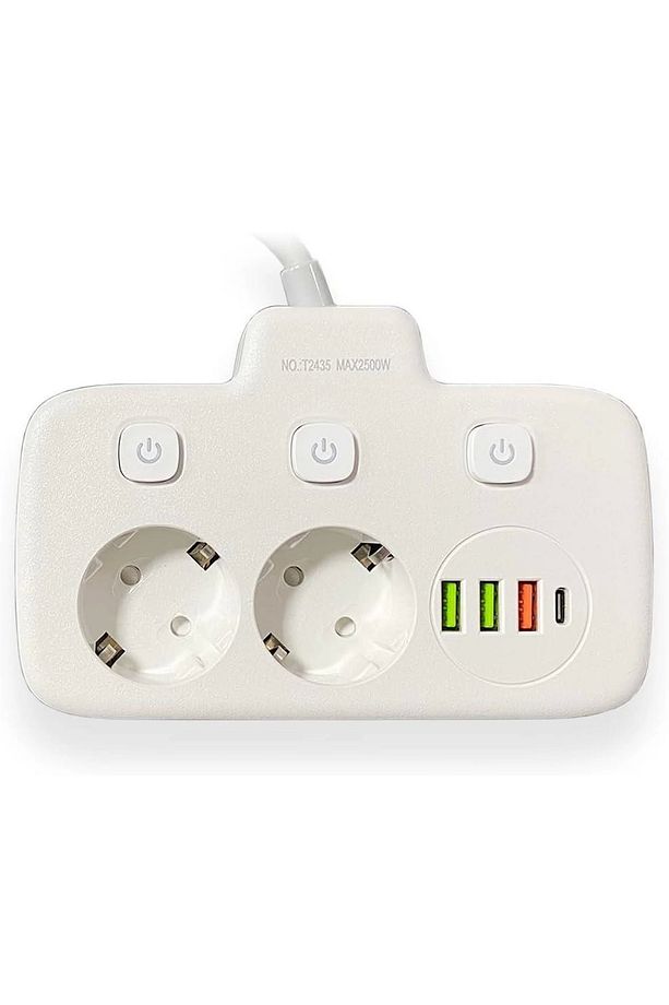 Akım Korumalı 2'li Ayrı Anahtarlı Priz, 2x Priz, 3x USB, 1x Type-C, 2 mt Kablo, Hızlı Şarj - 4