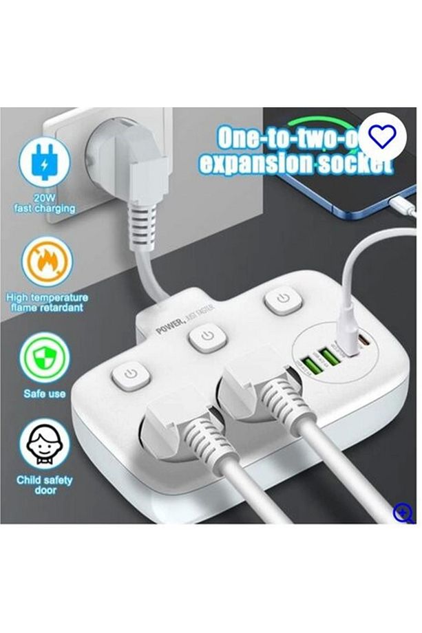 Akım Korumalı 2'li Ayrı Anahtarlı Priz, 2x Priz, 3x USB, 1x Type-C, 2 mt Kablo, Hızlı Şarj - 1
