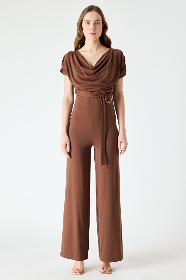 Degaje yakalı toka detaylı örme tulum - 1