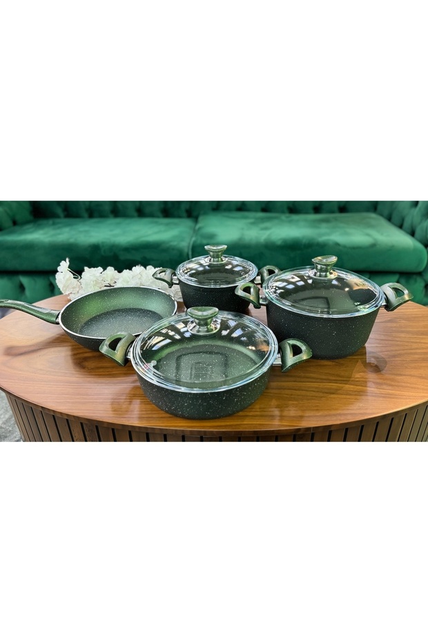 Green Color Granite 7 Pcs Fireproof Non-Stick Pot & Pan Set Glass Lid - 5