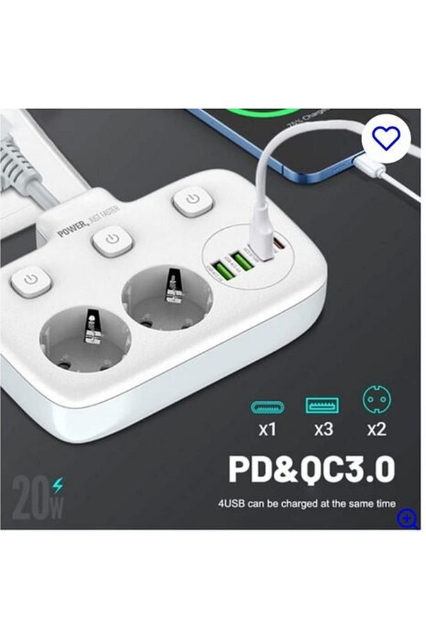 Akım Korumalı 2'li Ayrı Anahtarlı Priz, 2x Priz, 3x USB, 1x Type-C, 2 mt Kablo, Hızlı Şarj - 2