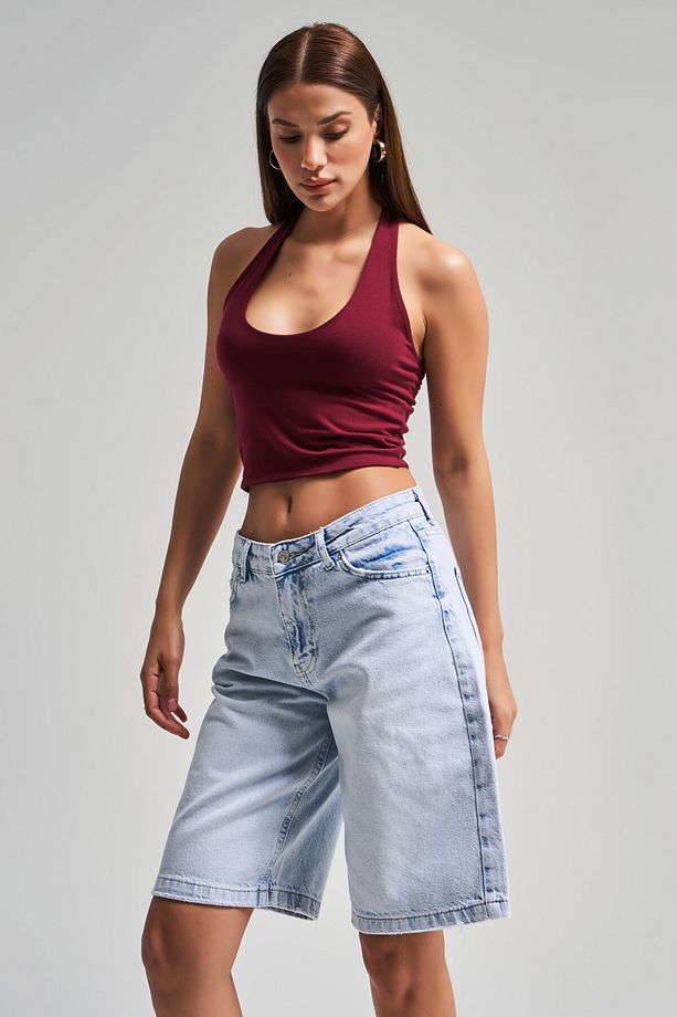 Kadın Snow Kot Rengi 4s5-100 %100 Koton Midi Baggy Fit Denim Bermuda Şort - 5