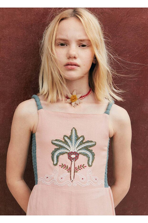 Çiçek işlemeli keten tulum - 6