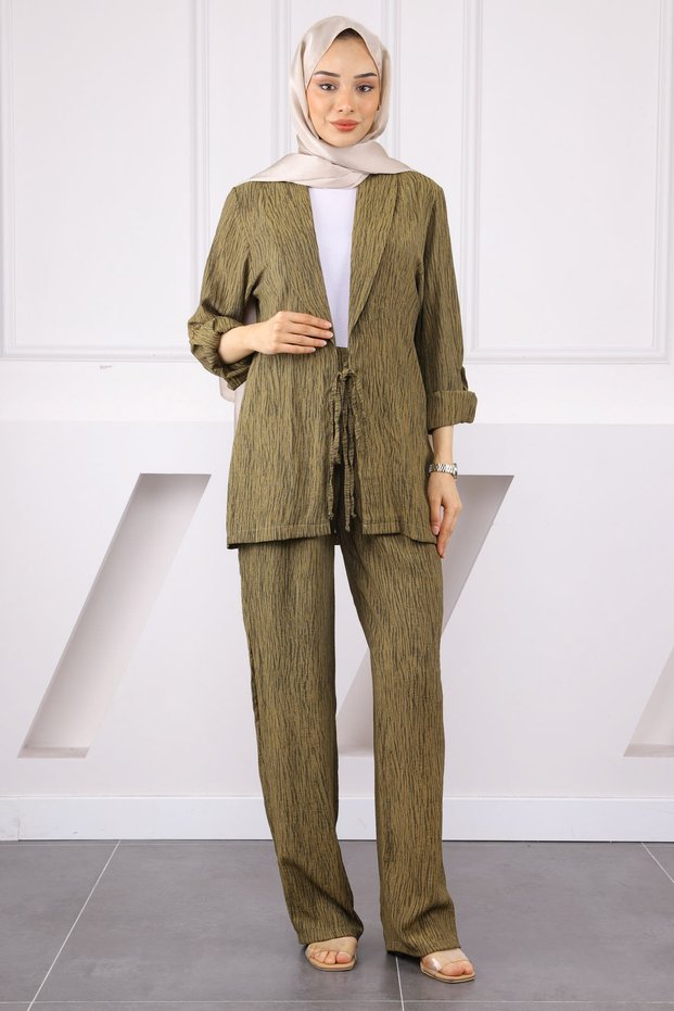 Khaki Front Tie Kimono Suit with Pants