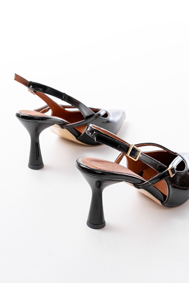 4962 Black Patent Leather Pointed Toe Buckle Round Heel Women's Sandals