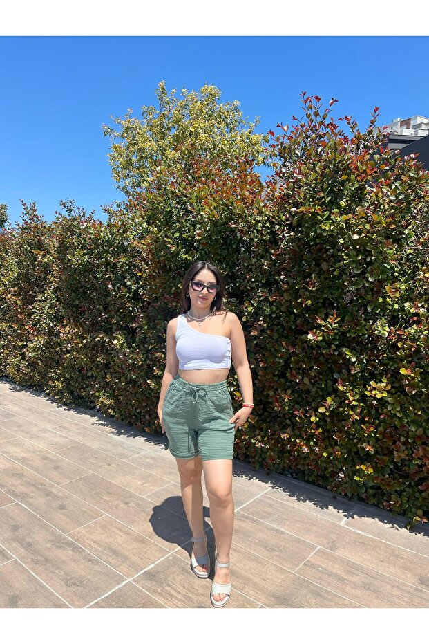 Kadın Ada Çayı Renk Beli Lastikli Bağcıklı Müslin Şort - 1