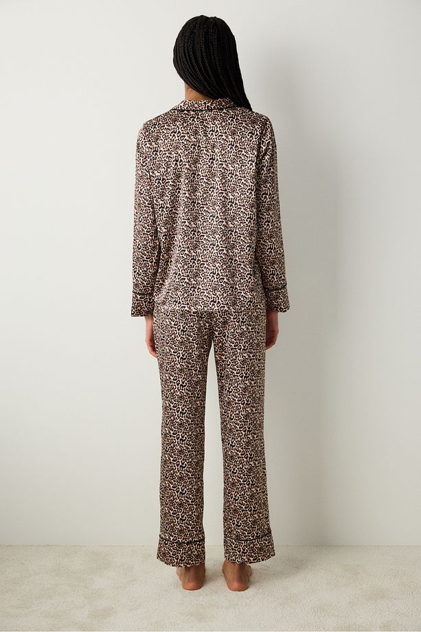 Leopard Saten Açık Bej Gömlek Pantolon Pijama Takımı - 5