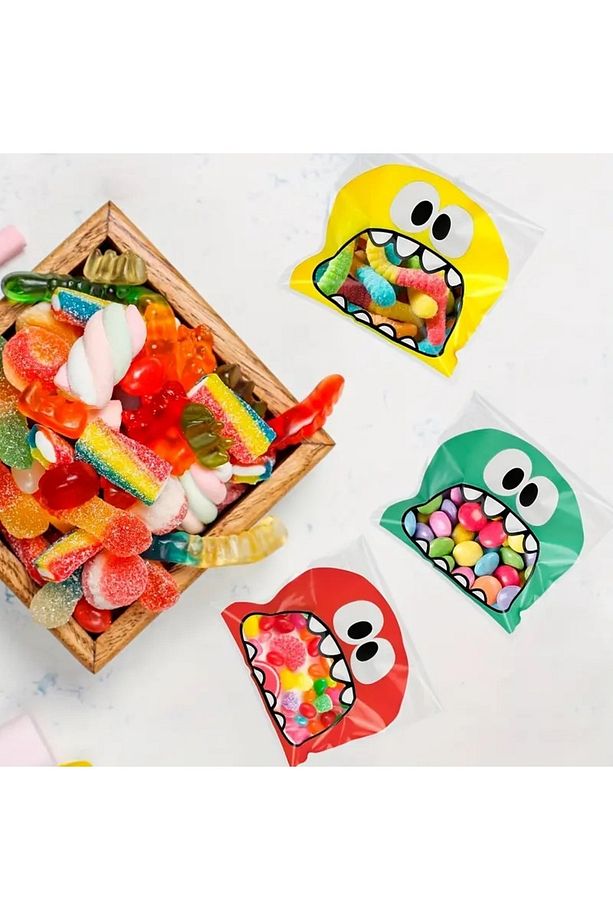 250 Adet 10x11 (3) Cm Canavar Desenli Bantlı Opp Jelatin Poşet, Kurabiye Poşeti, Cake Pops( 3 Renk) - 1