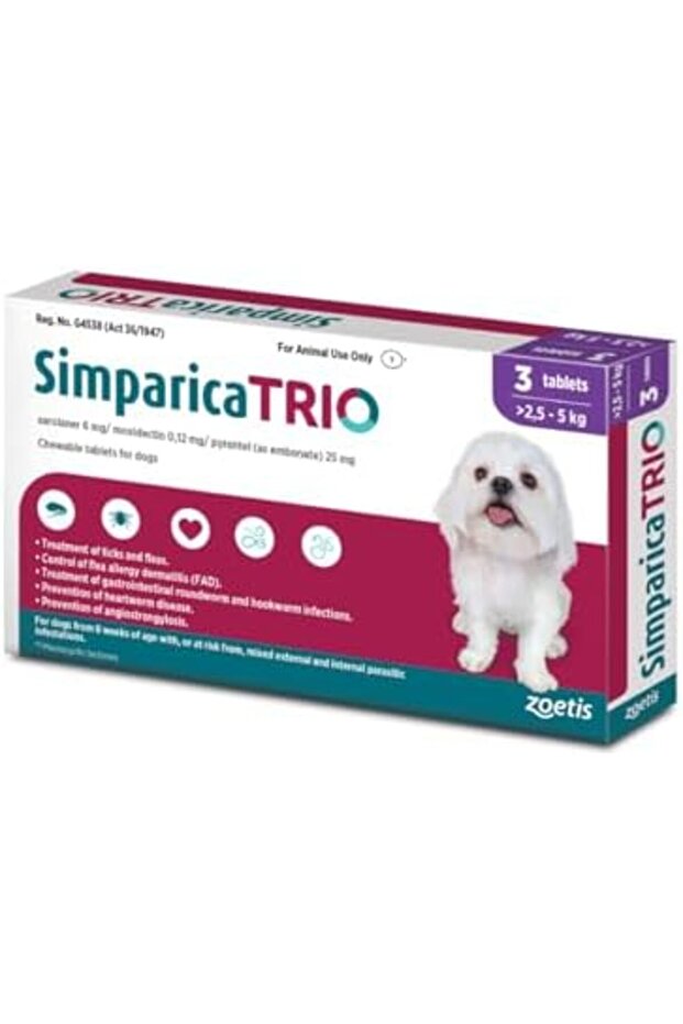 Simparica TRIO the Complete Flea, Tick, and Heartworm Prevention for Dogs (2.5-5Kg ×3 Tablets)