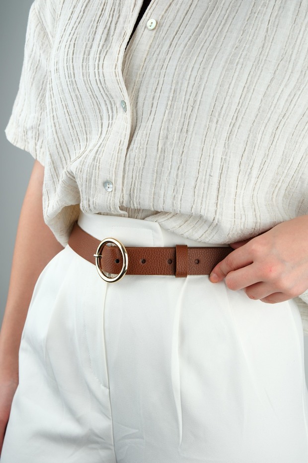 Women's Brown Round Yellow Buckle Leather Belt 100 cm
