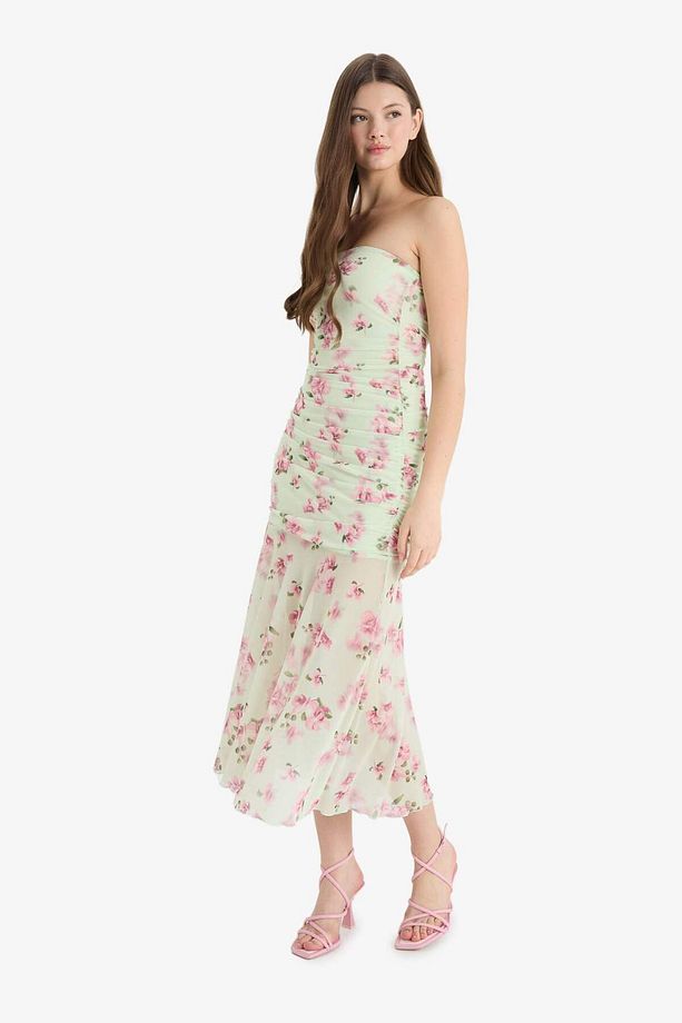 Coool Bodycon Vücudu Saran Straplez Çiçek Desenli Tül Maxi Elbise F5577AX25SM - 3