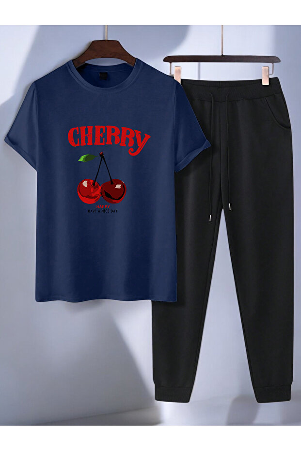 Unisex Happy Cherry Design Printed Tshirt Tracksuit Set