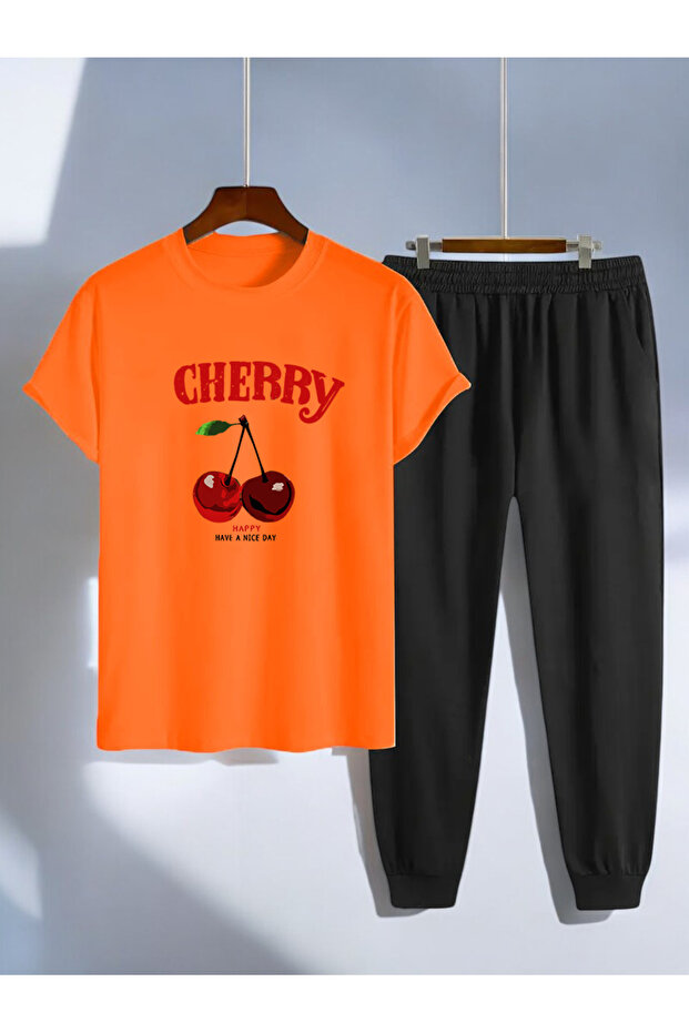 Unisex Happy Cherry Design Printed Tshirt Tracksuit Set