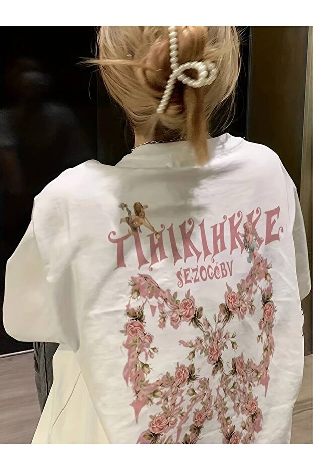 Women's Floral Printed Oversize Short Sleeve White Pinterest Tshirt