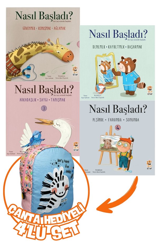 How Did It Start? Zürafa-Rakun-Leylek-Ressam 4'lü Set + Gift Smiley Baby Predators Kindergarten Bag