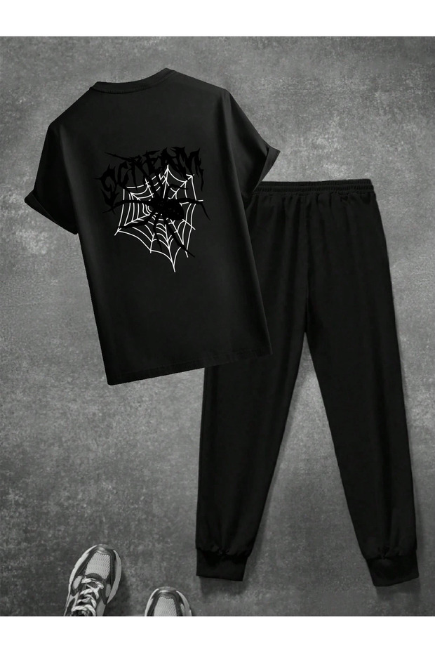 Unisex Scream Black Design Printed Tshirt Tracksuit Set