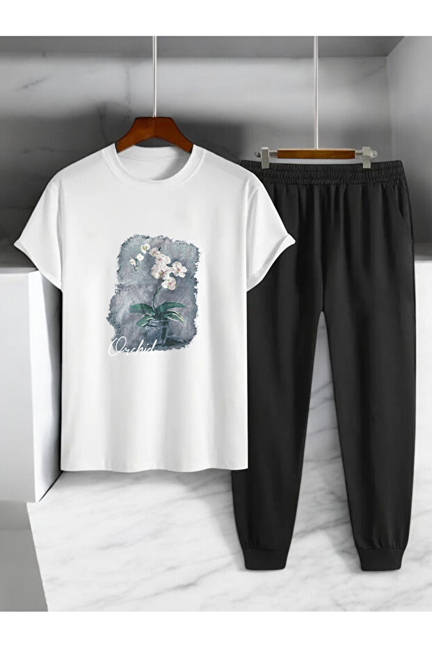 Unisex Flower Pot Design Printed Tshirt Tracksuit Set