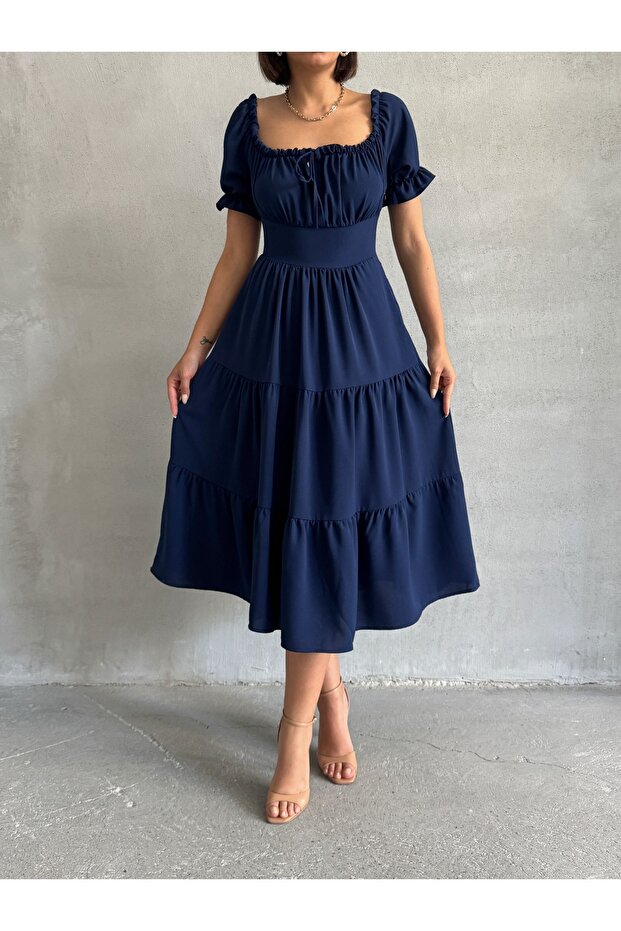 Women's Navy Blue Gathered Collar Stretch Dress