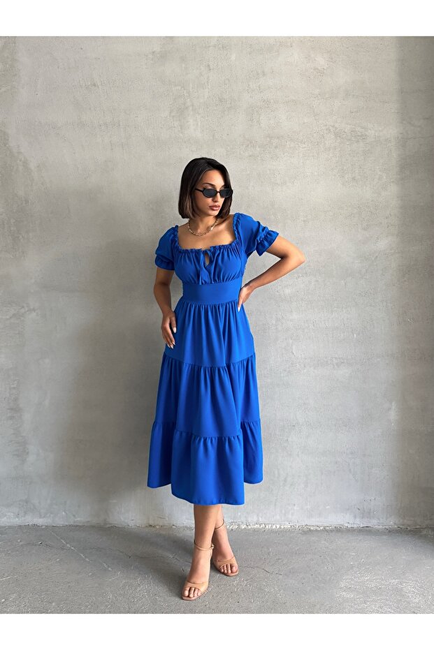 Women's Blue Gathered Collar Stretch Dress