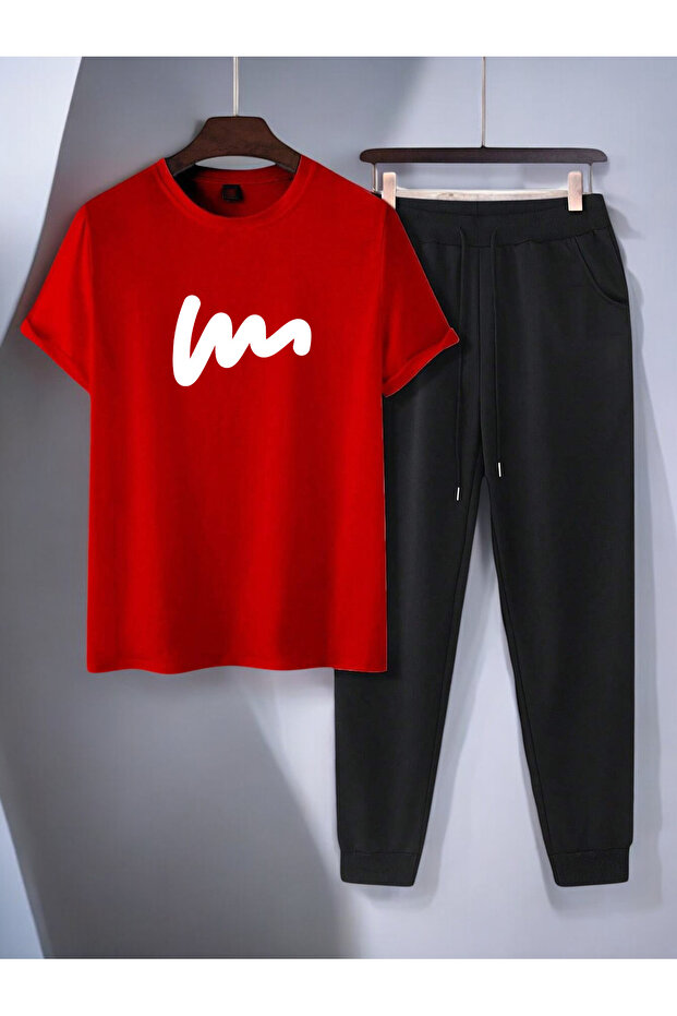 Unisex W Text Design Printed Tshirt Tracksuit Set - 1