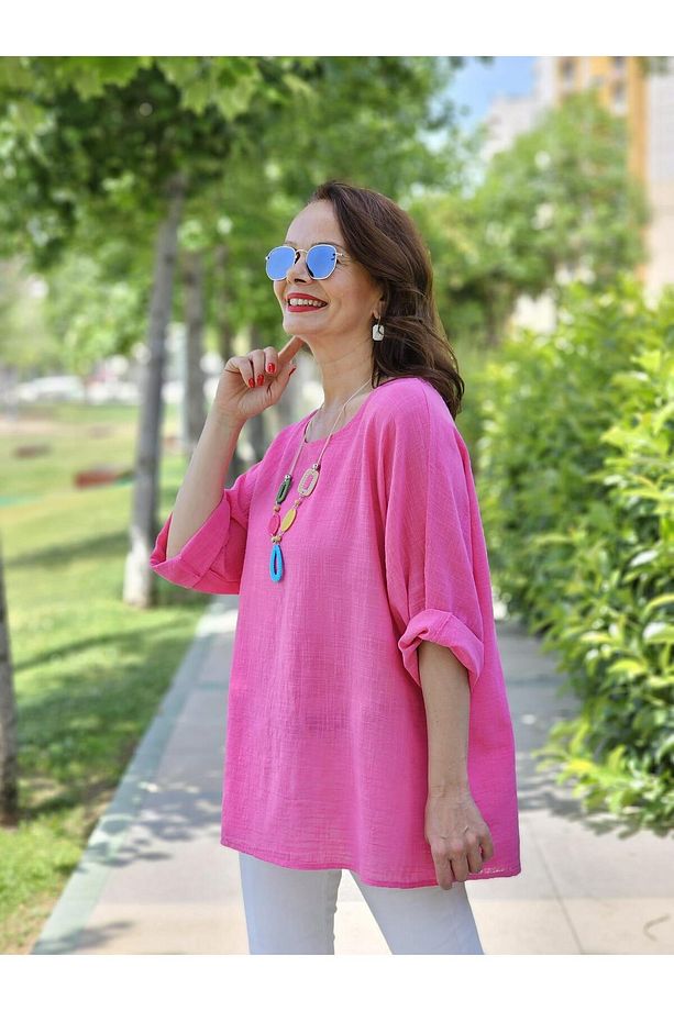 Kolyeli Rahat Kalıp İthal Pembe Pamuk Bluz - 3