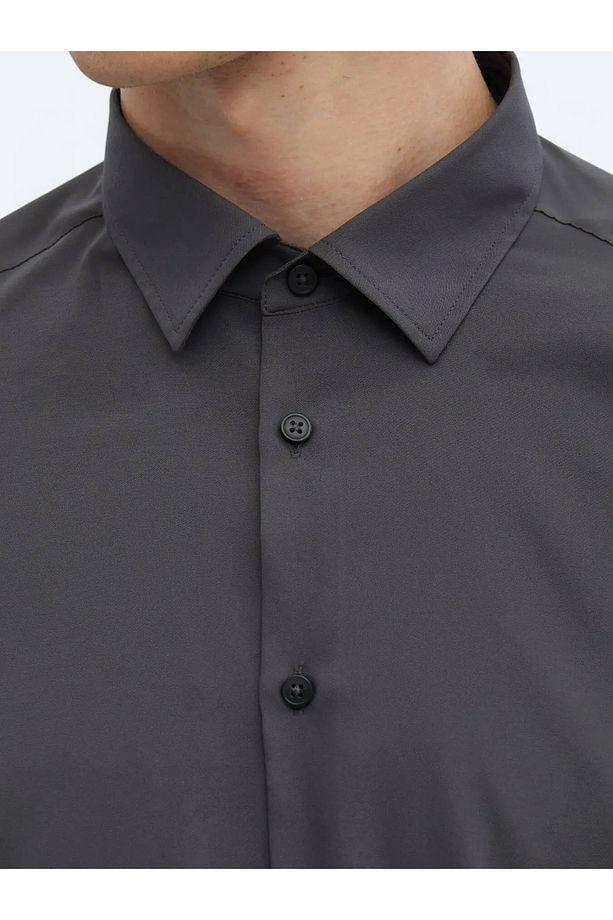 Antrasit Düz Regular Fit Dokuma Casual Gömlek - 4