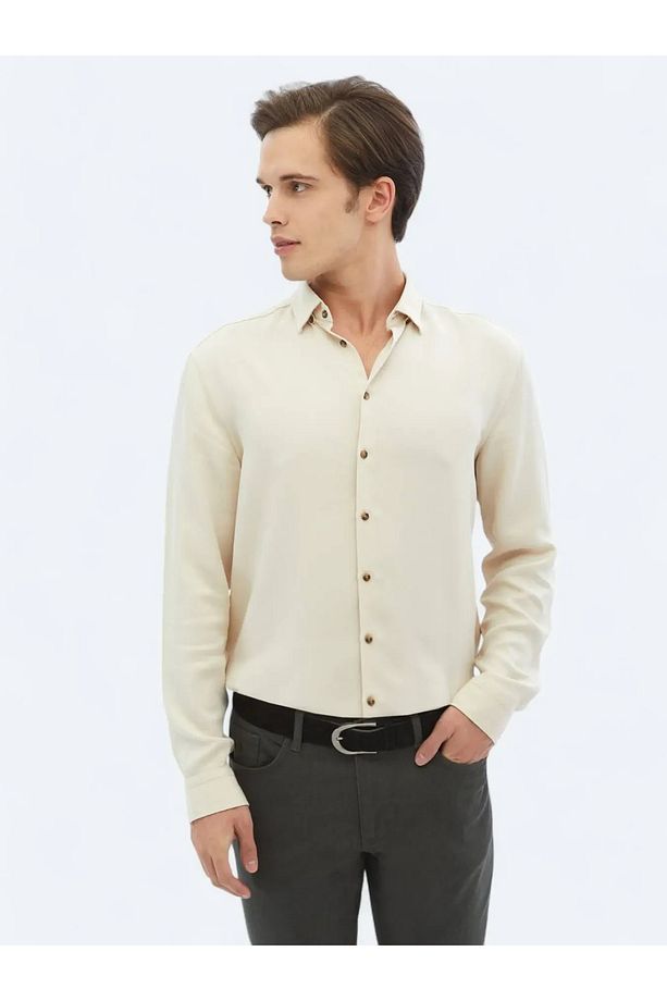 Ekru Fitilli Regular Fit Dokuma Casual Gömlek - 1
