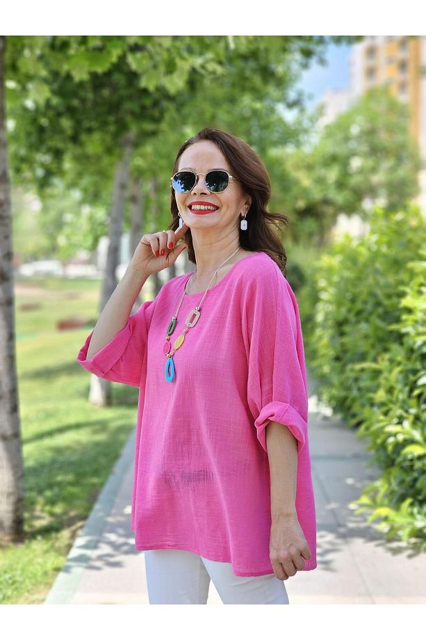 Kolyeli Rahat Kalıp İthal Pembe Pamuk Bluz - 4