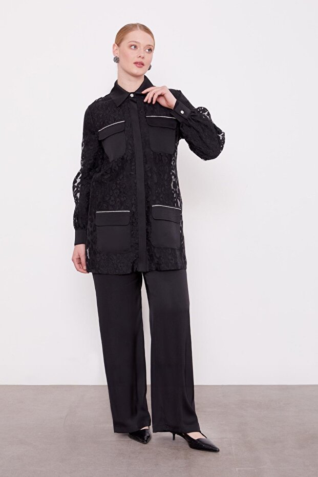 Black Leopard Tulle Look Double Set - 1