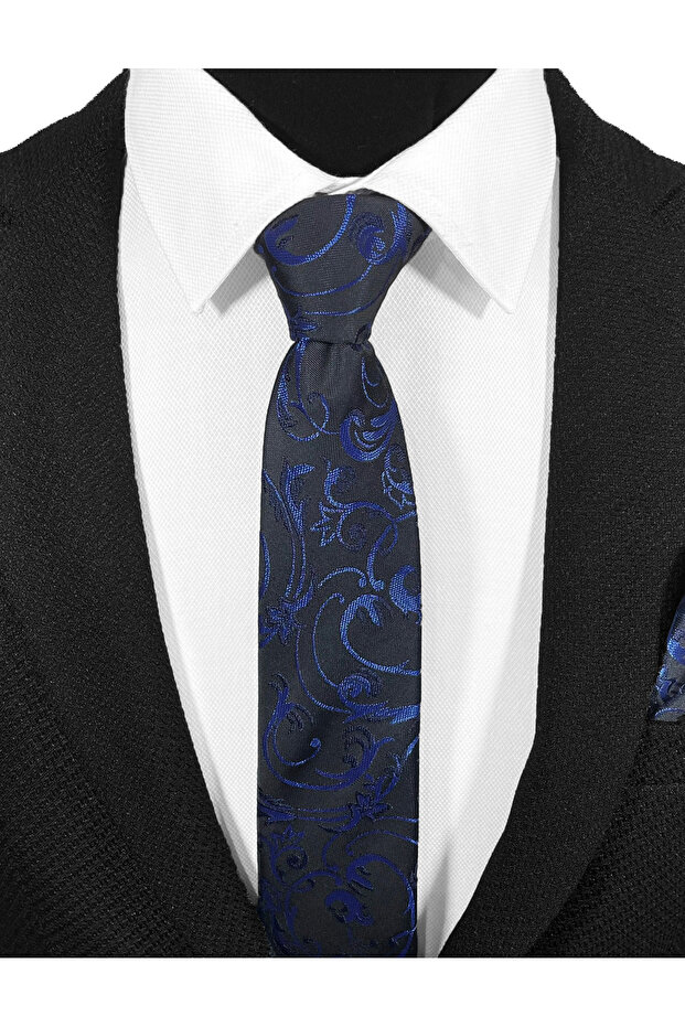 Shawl Pattern Navy Blue Black Tie and Pocket Square 7cm Width - 2