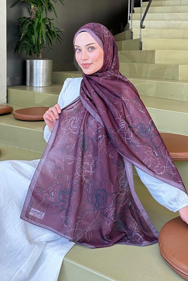 Çiçek desen Soft Şal Mürdüm - 1