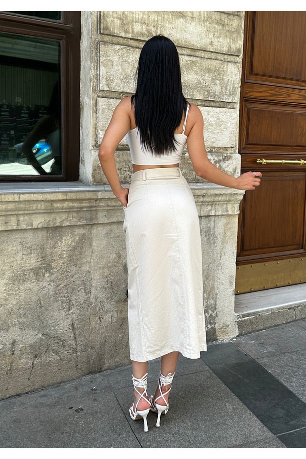 Önü Yırtmaçlı Midi Boy Keten Etek GLM-489 - 5
