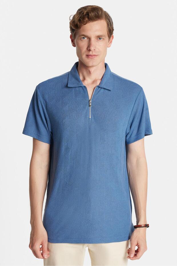 Men's Slim Fit Slim Fit Viscose Zippered Polo Neck Blue T-Shirt