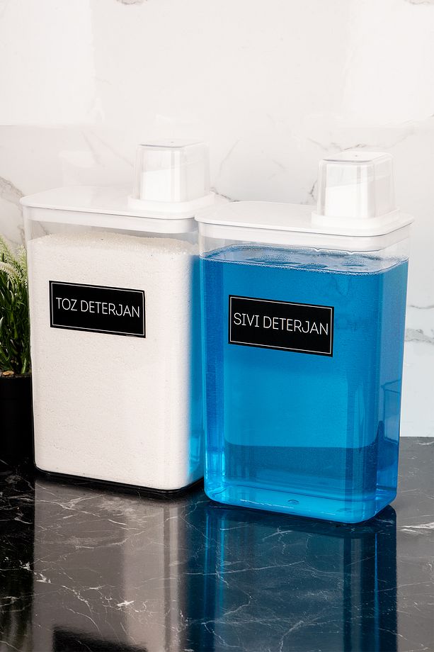 2'li Deterjanlık Kutusu Seti Toz Deterjan Sıvı Deterjan Etiketli Saklama Kutusu 3000ml Deterjan Seti - 4